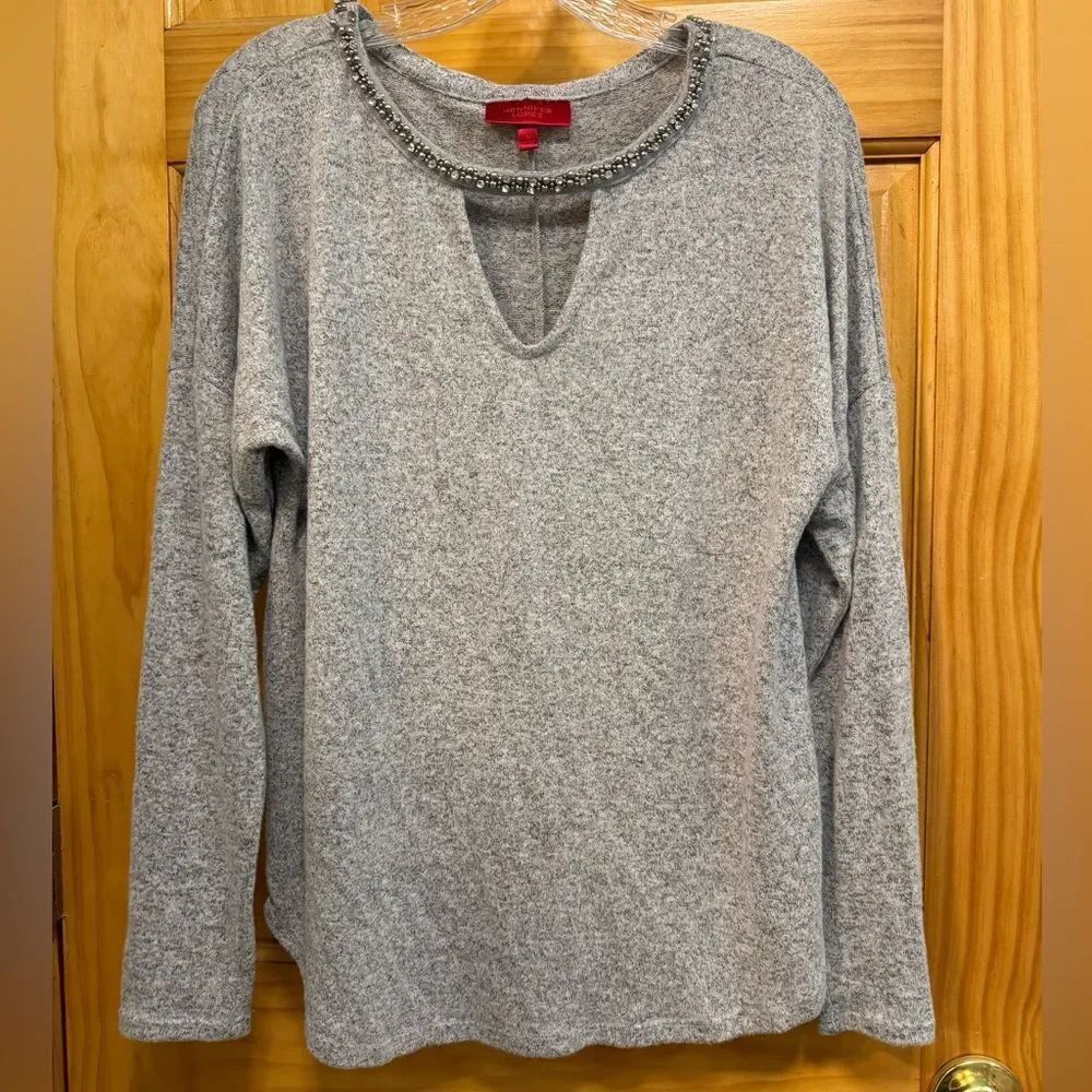Jennifer Lopez Gray Long Sleeve Top with Beaded Neckline size M